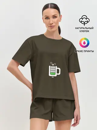 Женская пижама с шортами / Батарейка заряд чашка кофе
