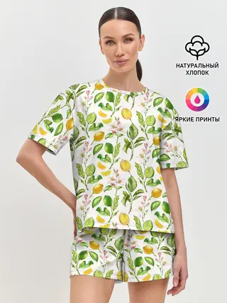Женская пижама с шортами / Летний узор лимон ветки листья