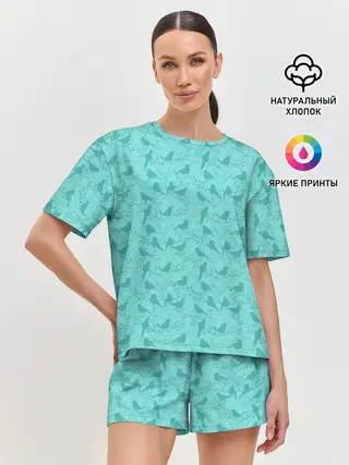 Женская пижама с шортами / Зеленые птицы летний узор