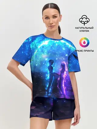 Женская пижама с шортами / Внеземная пара луна ночь