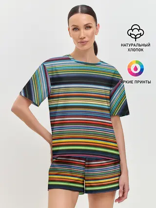 Женская пижама с шортами / РАзноцыетные линии полосы хаос