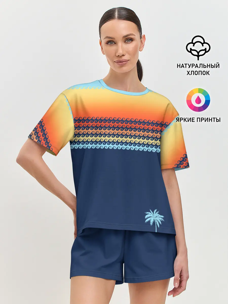 Женская пижама с шортами / Летние волны и пальма