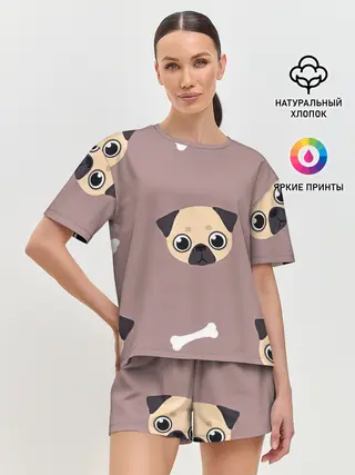Женская пижама с шортами / Мопсины мордашки