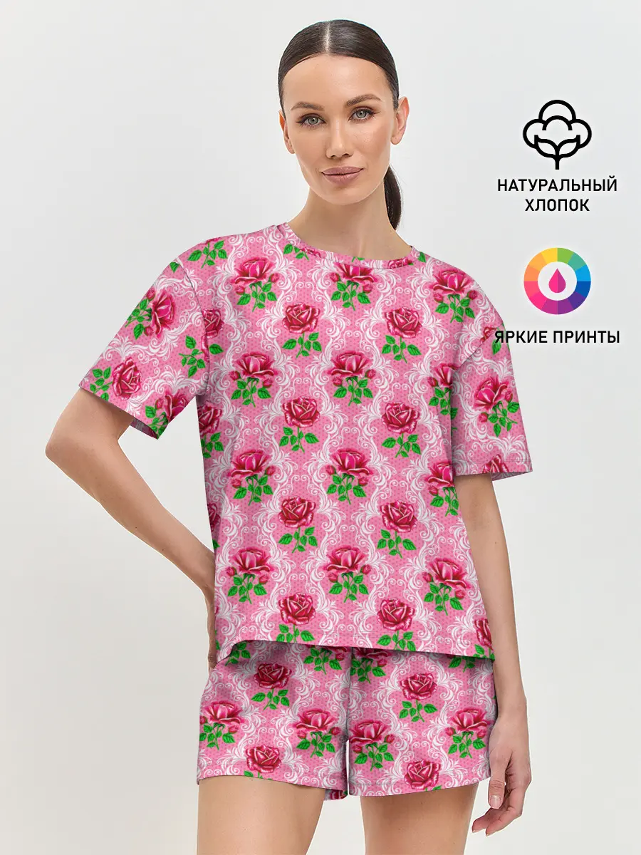 Женская пижама с шортами / Декор из нежных роз