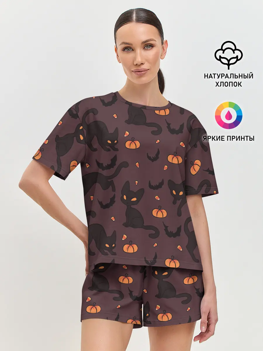 Женская пижама с шортами / Хэллоуиновский кот
