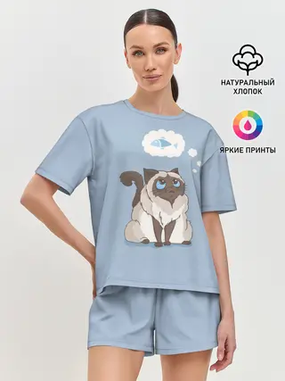 Женская пижама с шортами / Голодный котейка