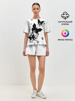 Женская пижама с шортами / Черные бабочки на белом