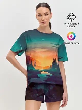 Женская пижама с шортами / Закат в лесу