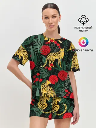 Женская пижама с шортами / Леопарды и цветы
