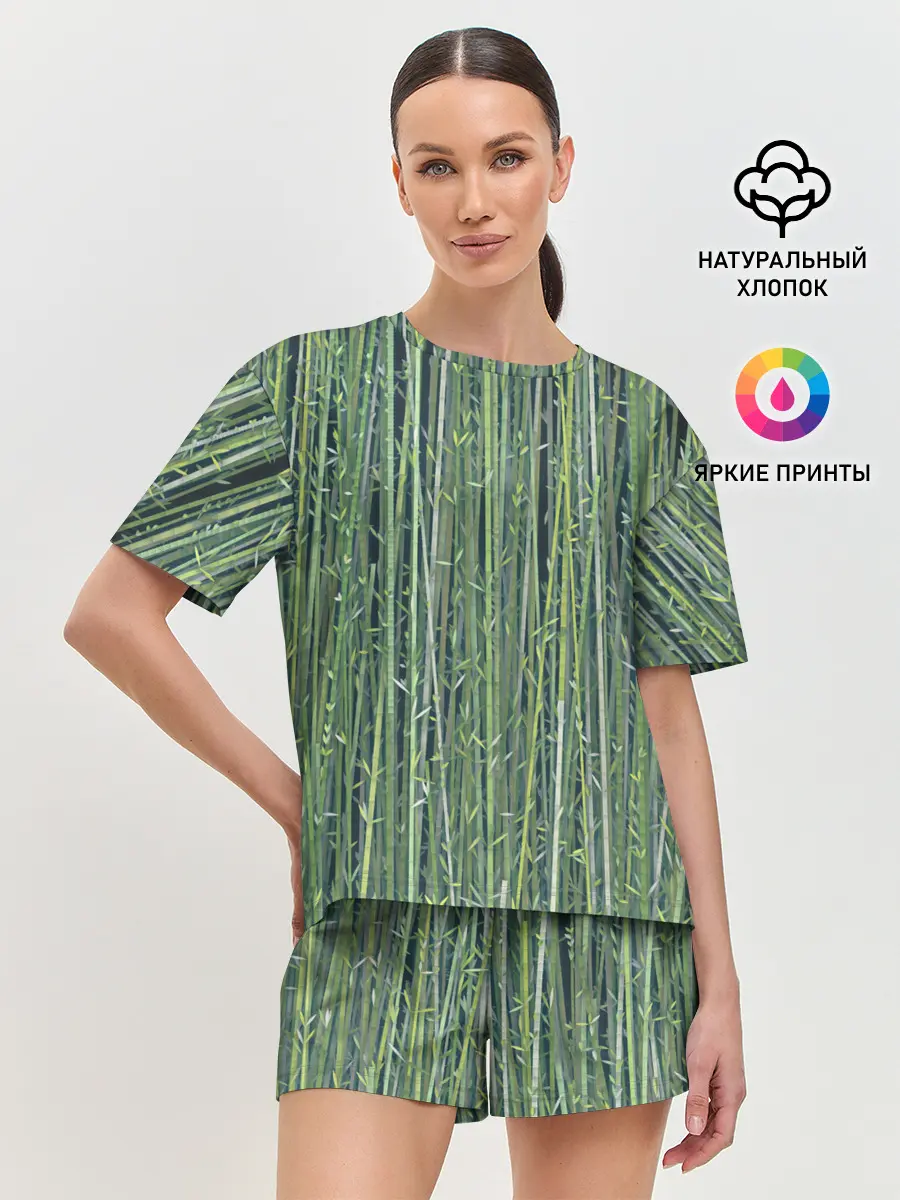 Женская пижама с шортами / Зеленый бамбук