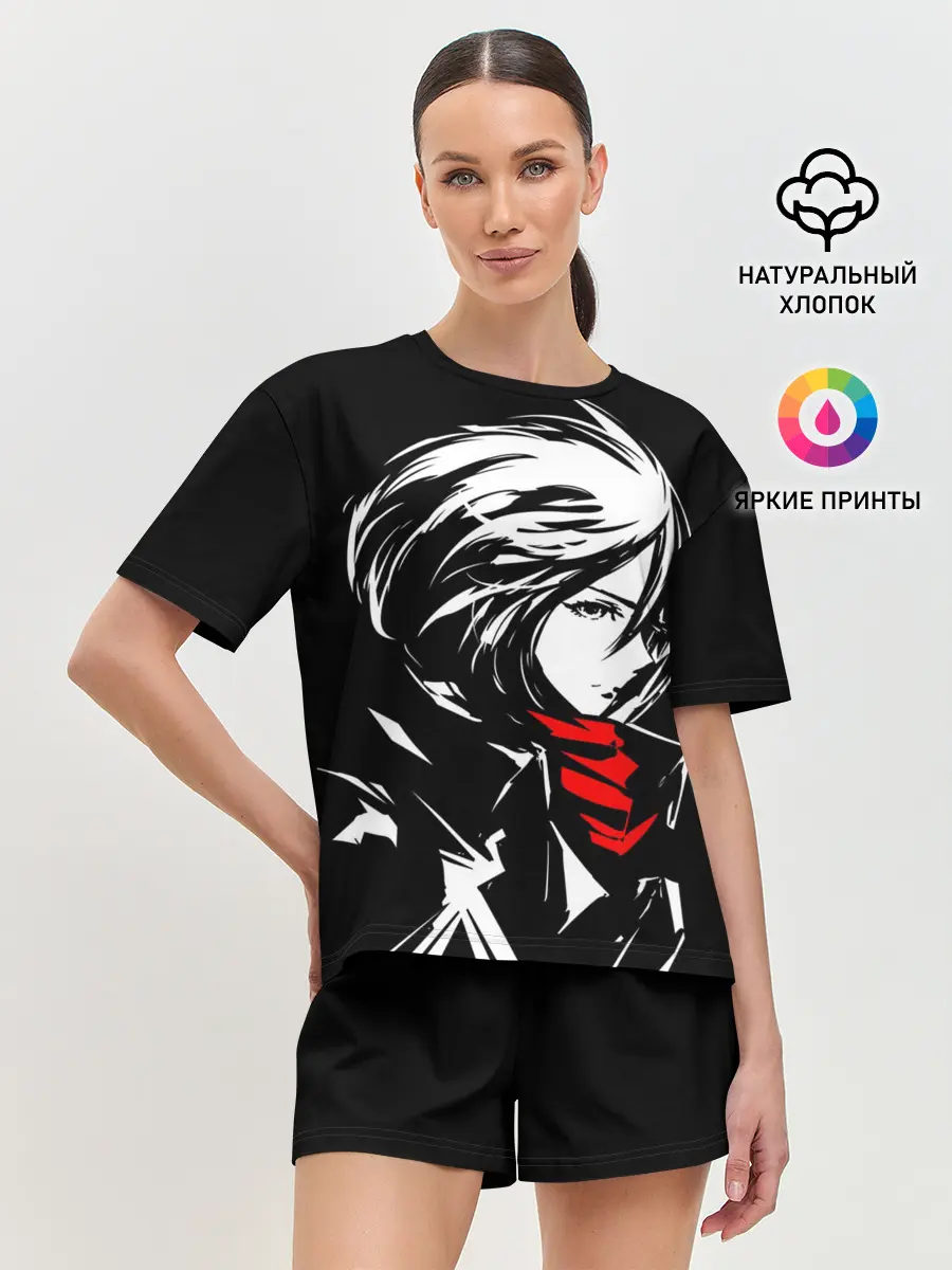Женская пижама с шортами / Черно-белая Микаса Аккерман