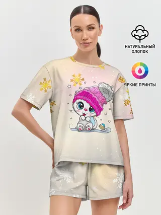 Женская пижама с шортами / Новогодний кот