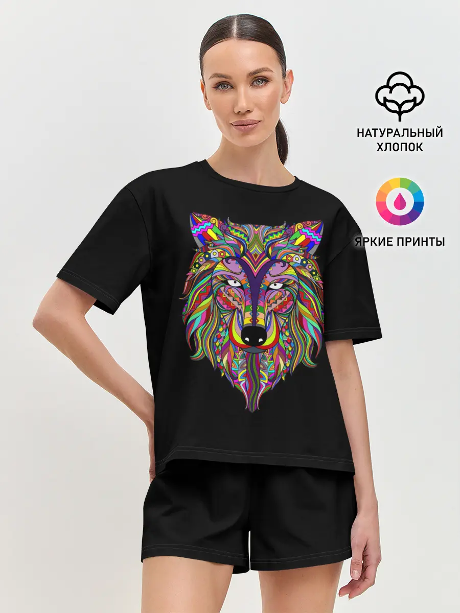 Женская пижама с шортами / Разноцветный Волк