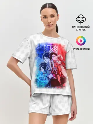 Женская пижама с шортами / Персонажи АТАКИ ТИТАНОВ. Сине-красный принт