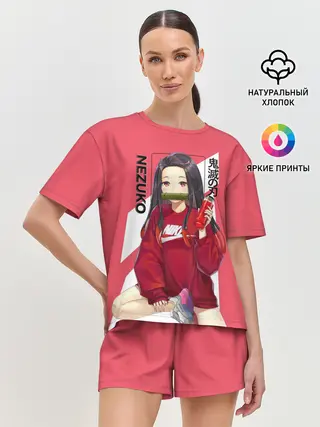 Женская пижама с шортами / Незуко коралловый