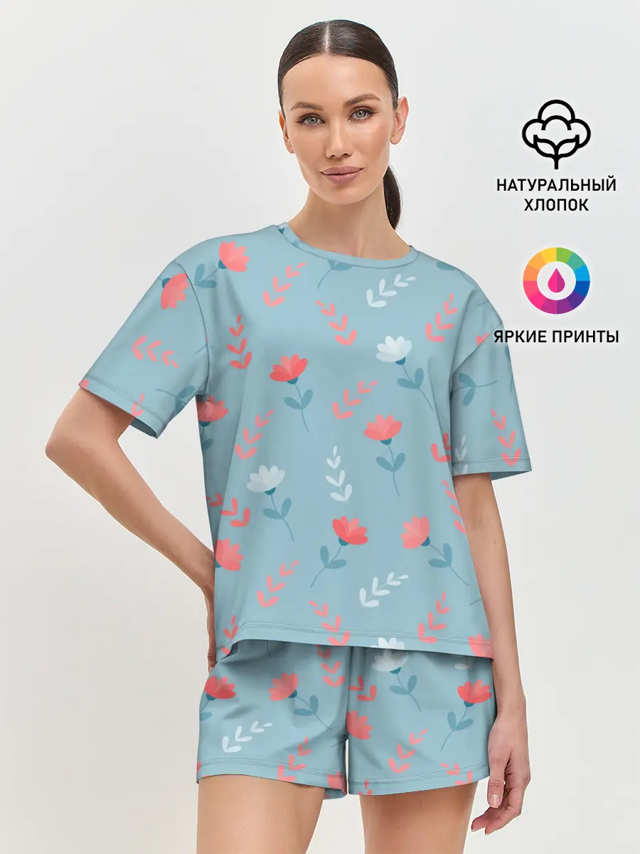 Женская пижама с шортами / Цветочки и листики на голубом