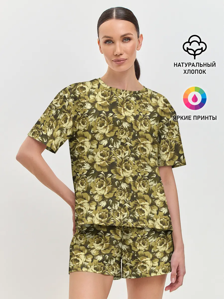 Женская пижама с шортами / Золотой камуфляж из роз