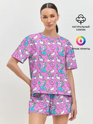 Женская пижама с шортами / Единороги и пончики