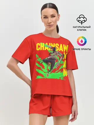 Женская пижама с шортами / Человек-Бензопила с логотипом на красном