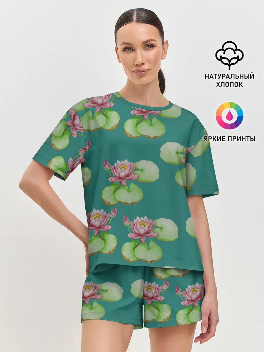 Женская пижама с шортами / Лотосы на темно бирюзовом фоне