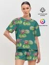 Женская пижама с шортами / Лотосы на темно бирюзовом фоне