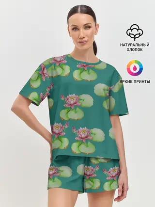 Женская пижама с шортами / Лотосы на темно бирюзовом фоне
