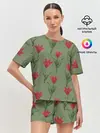 Женская пижама с шортами / Красные тюльпаны на зеленом