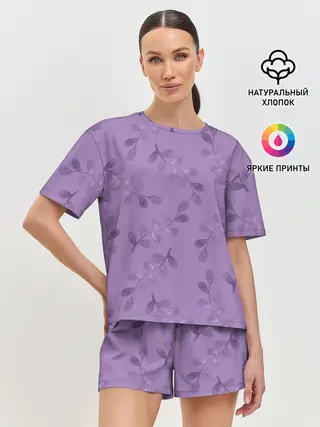 Женская пижама с шортами / Листья на фиолетовом фоне