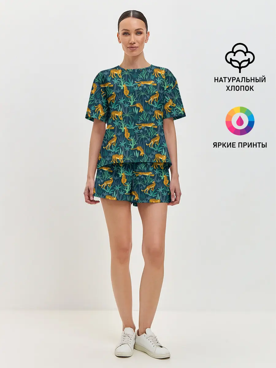 Женская пижама с шортами / Паттерн из Тигров и Растений
