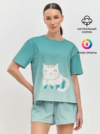 Женская пижама с шортами / котик на подстилке