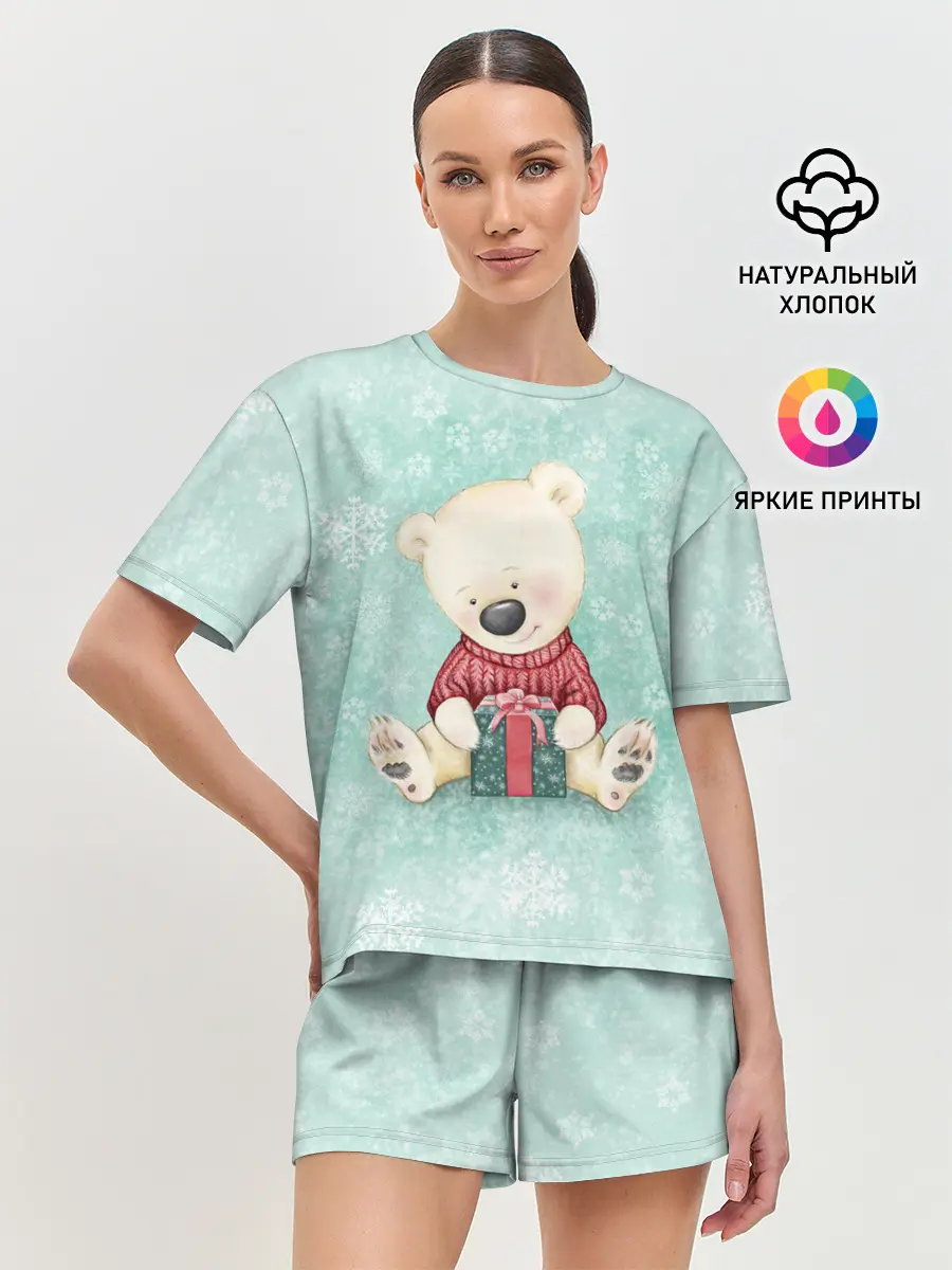 Женская пижама с шортами / Медвежонок с подарком