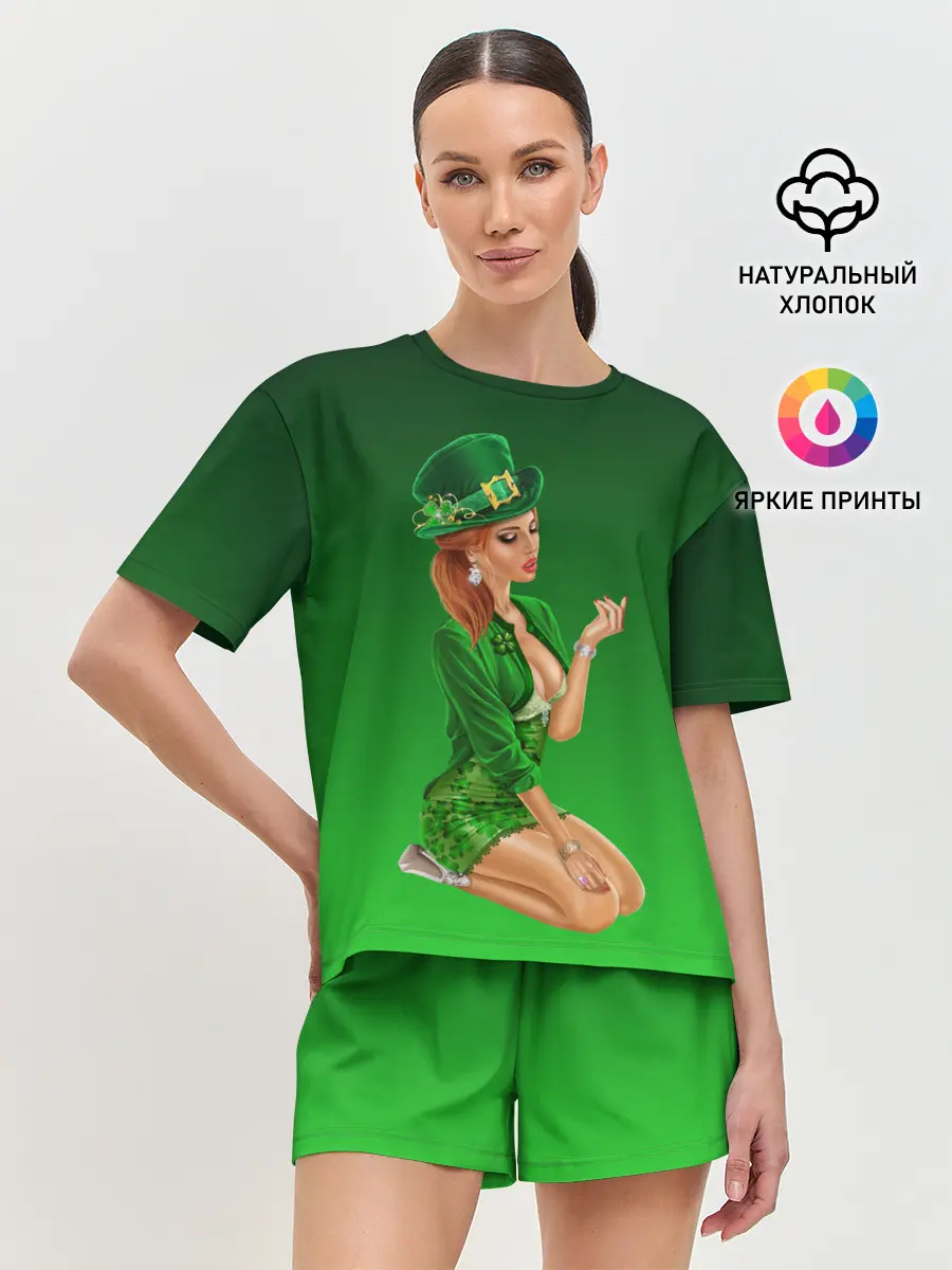 Женская пижама с шортами / девушка лепрекон в зеленом
