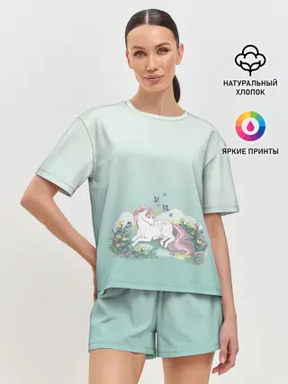 Женская пижама с шортами / единорог с бабочками