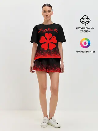 Женская пижама с шортами / Красный логотип Черный клевер на черном