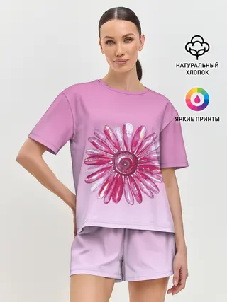 Женская пижама с шортами / розовая ромашка