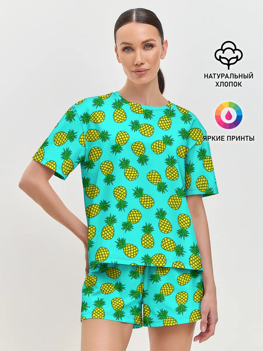 Женская пижама с шортами / Ананасы аква
