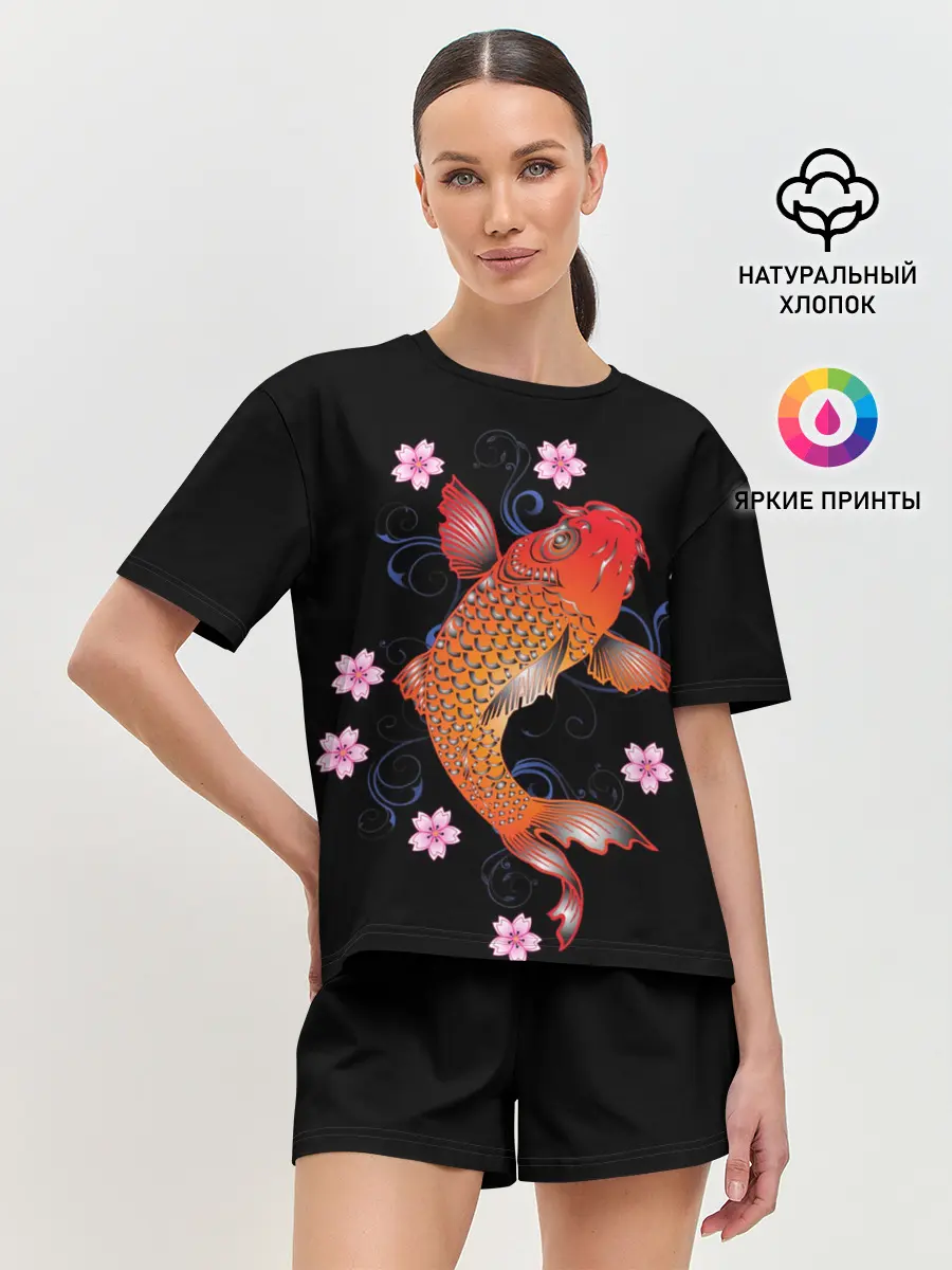 Женская пижама с шортами / Карп Кои с Цветами