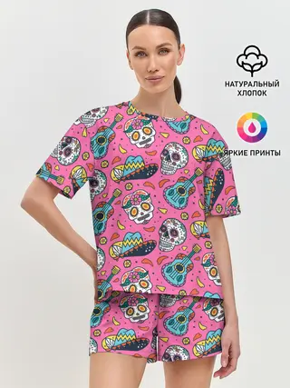 Женская пижама с шортами / День Мёртвых узор из черепов