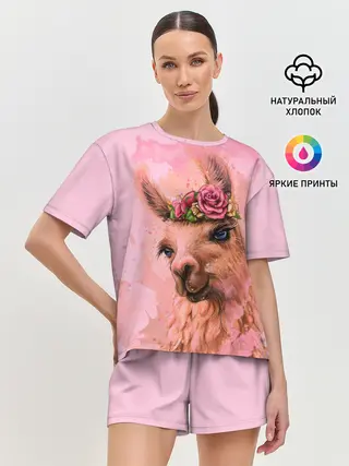 Женская пижама с шортами / лама с цветами