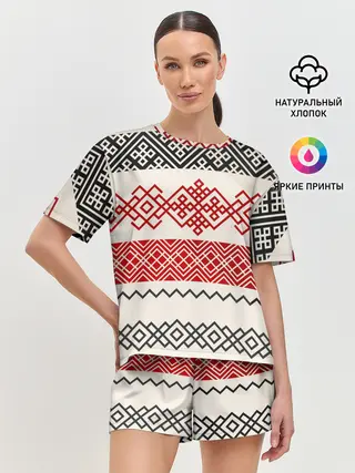 Женская пижама с шортами / Славянский узор красно-черный