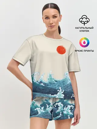 Женская пижама с шортами / Японский Стиль Волны и Солнце