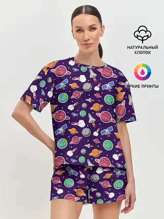 Женская пижама с шортами / Корабли, планеты и спутники