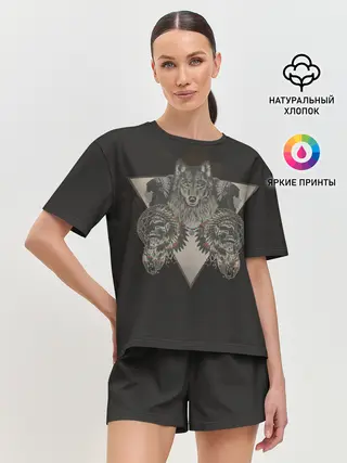 Женская пижама с шортами / Волк, черепа и индейцы