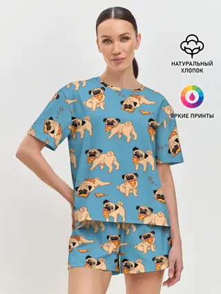 Женская пижама с шортами / Мопсы с пиццей