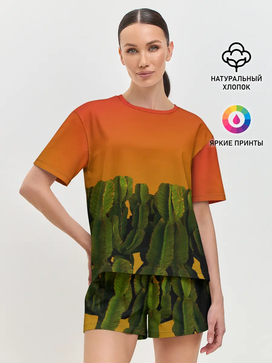 Женская пижама с шортами / Кактусы на закате