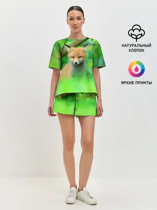 Женская пижама с шортами / Лисенок в зеленом лесу