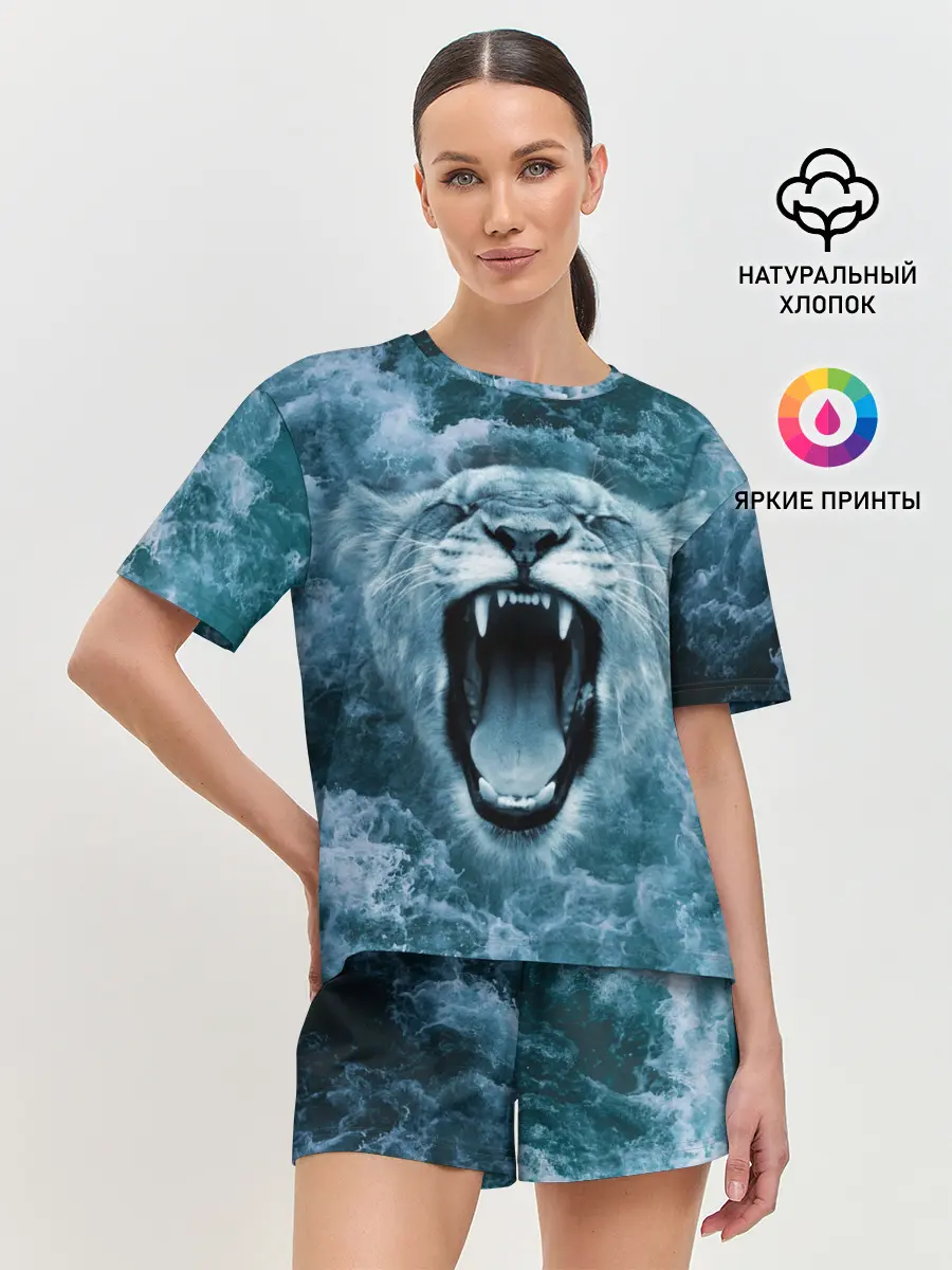 Женская пижама с шортами / Львица в бушующих волнах