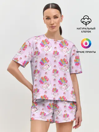 Женская пижама с шортами / Розовый кит летящий на шариках