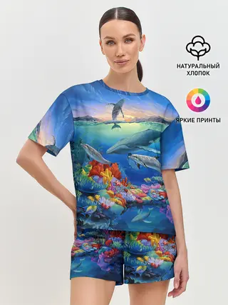 Женская пижама с шортами / Киты и дельфины