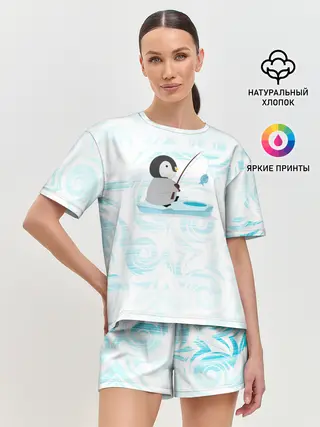 Женская пижама с шортами / Пингвин рыбачит
